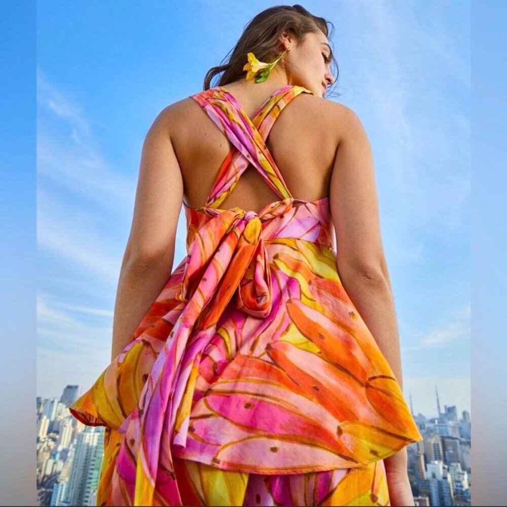 FARM Rio Mid Dress L Ombre Bananas Crossed Back Dress Tropical Summer - Picture 5 of 16